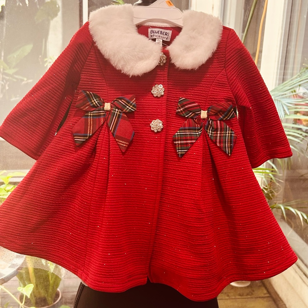 Red Kids Coat with Faux Fur Collar